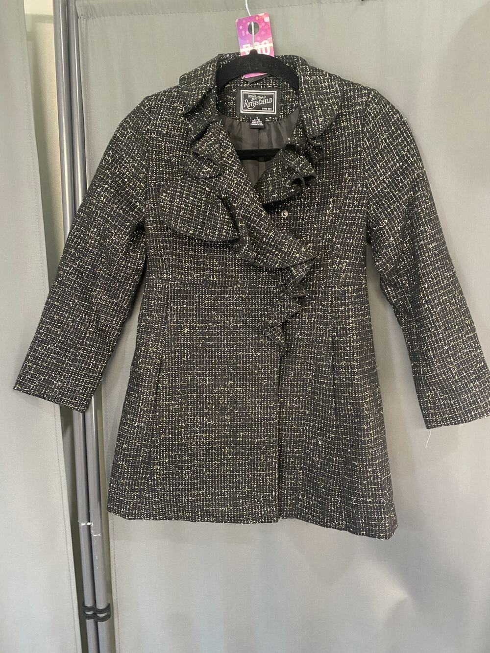 Tailored by Rothschild Coat Women Small Gray Polyester Long Sleeve Ruffle Jacket